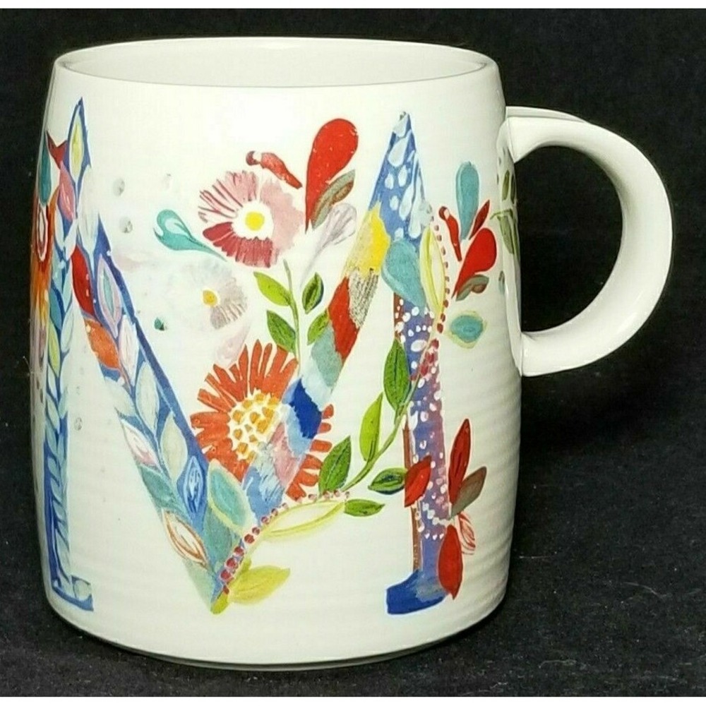 NEW Anthropologie Starla E Halfmann Monogram Letter M Petal Coffee Mug Cup